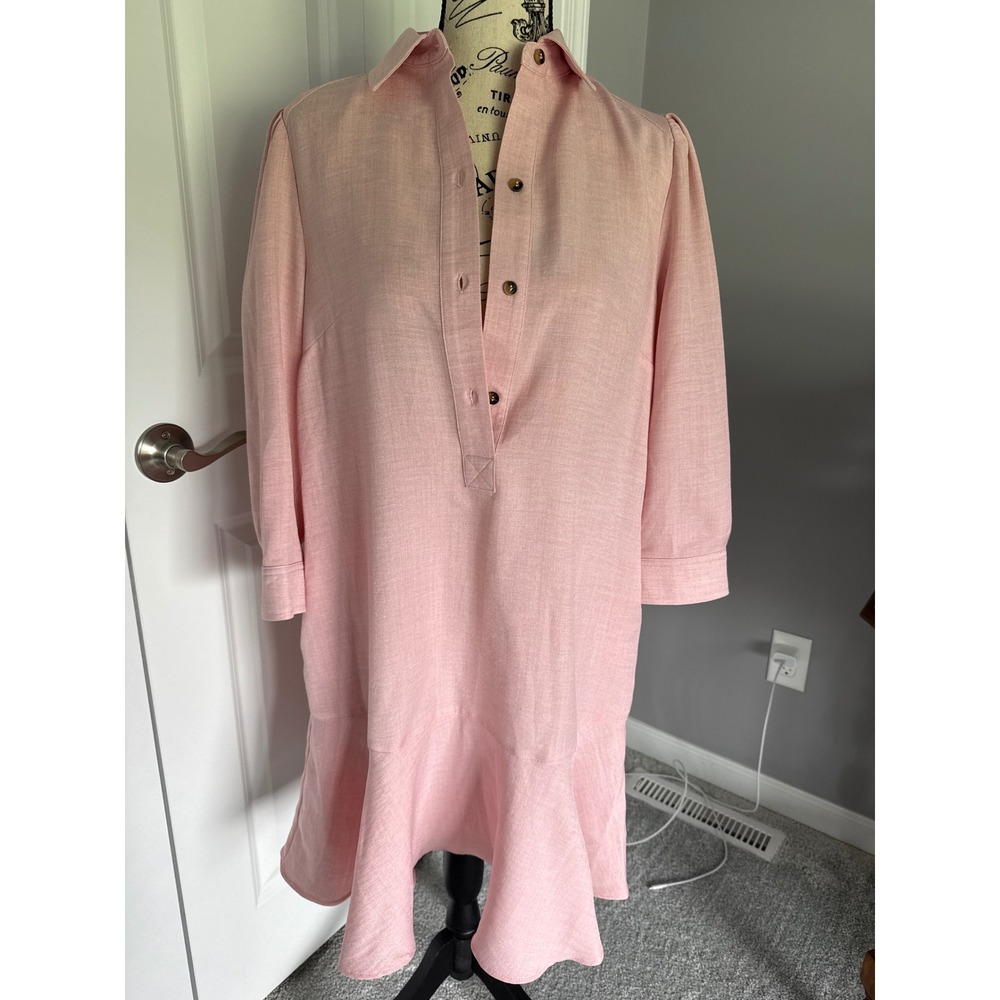Emma & Michele Pink Ruffle Hem‎ Shift Dress 3/4 Sleeve Collared Small Linen Look